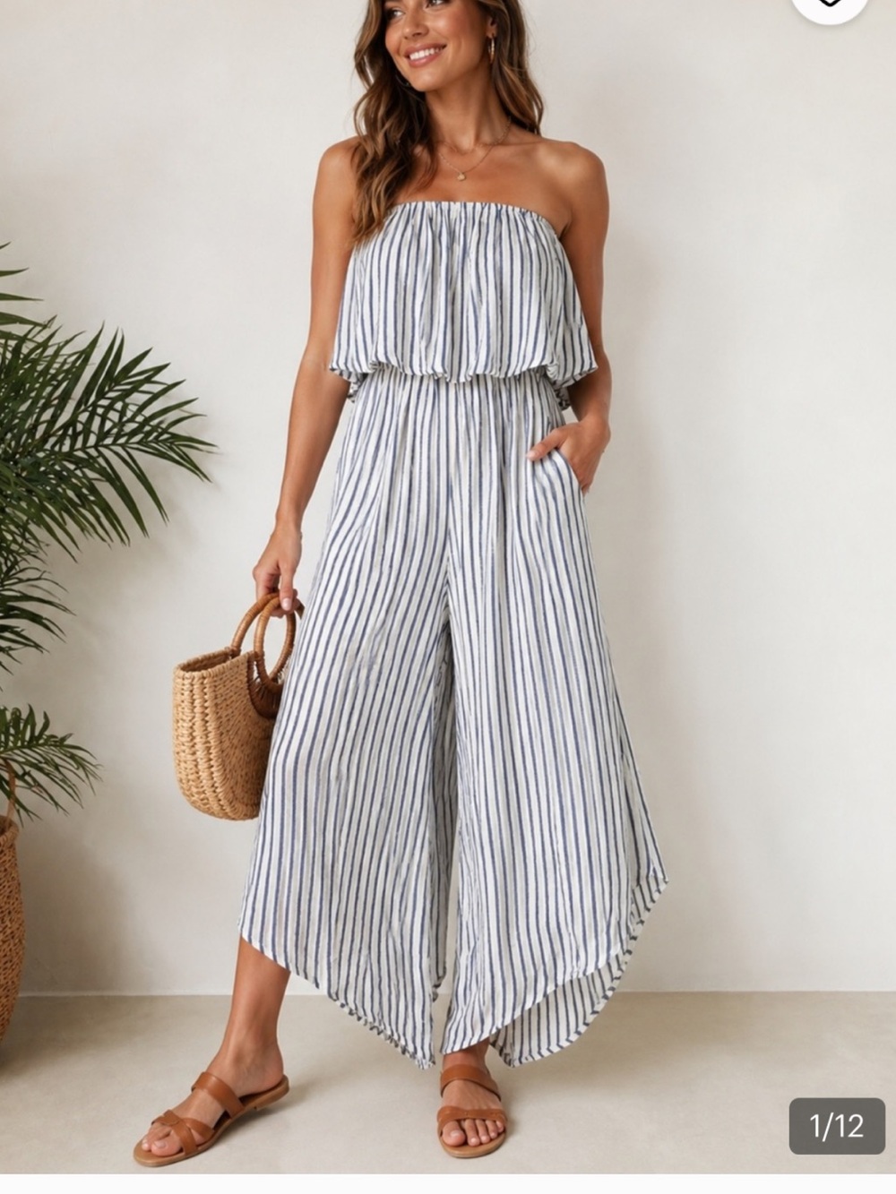 JAPNA strapless jumpsuit features blue and white vertical stripes and a ruffled